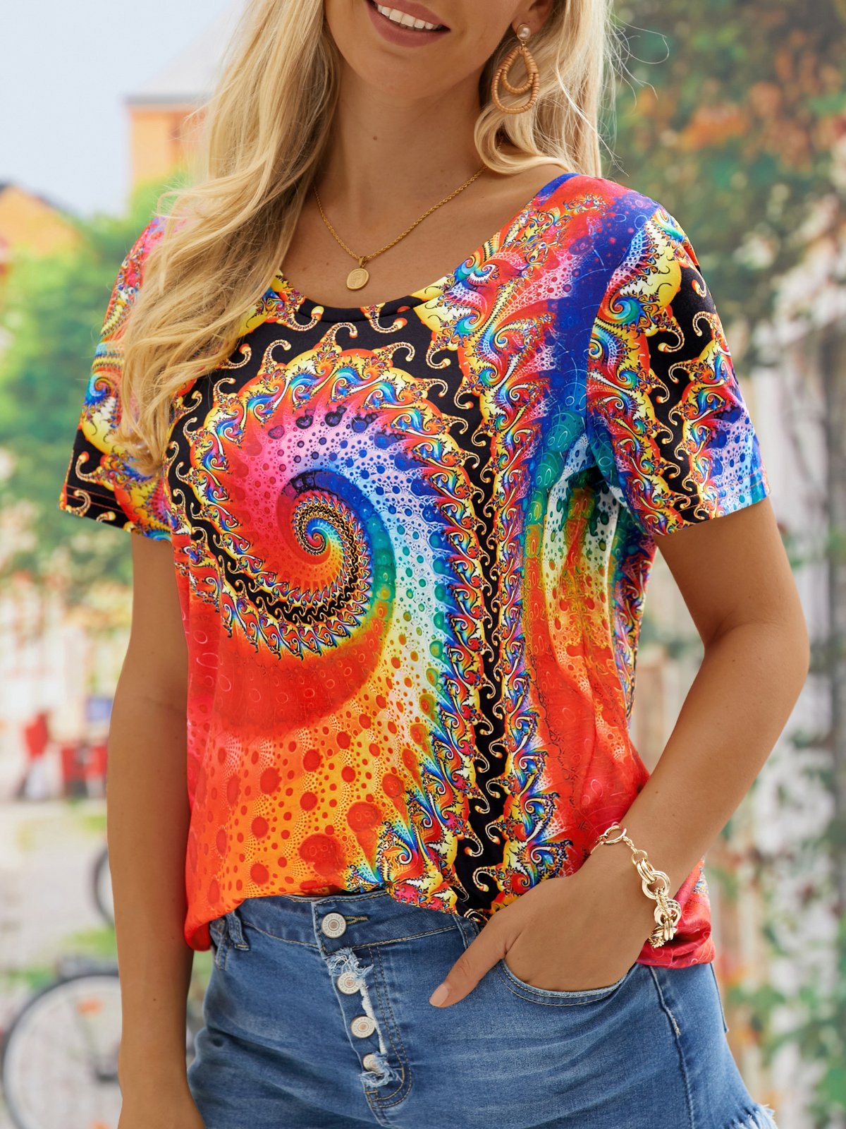 Women's  T-Shirt Casual V Neck Ethnic Patterns Tops Yellow Blue
