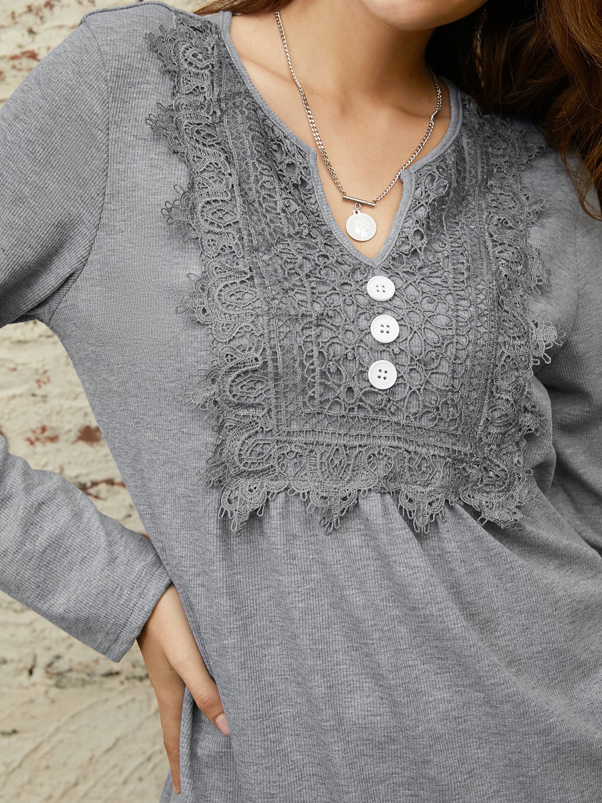 Lace Notched Casual Loose Ruched Shirt