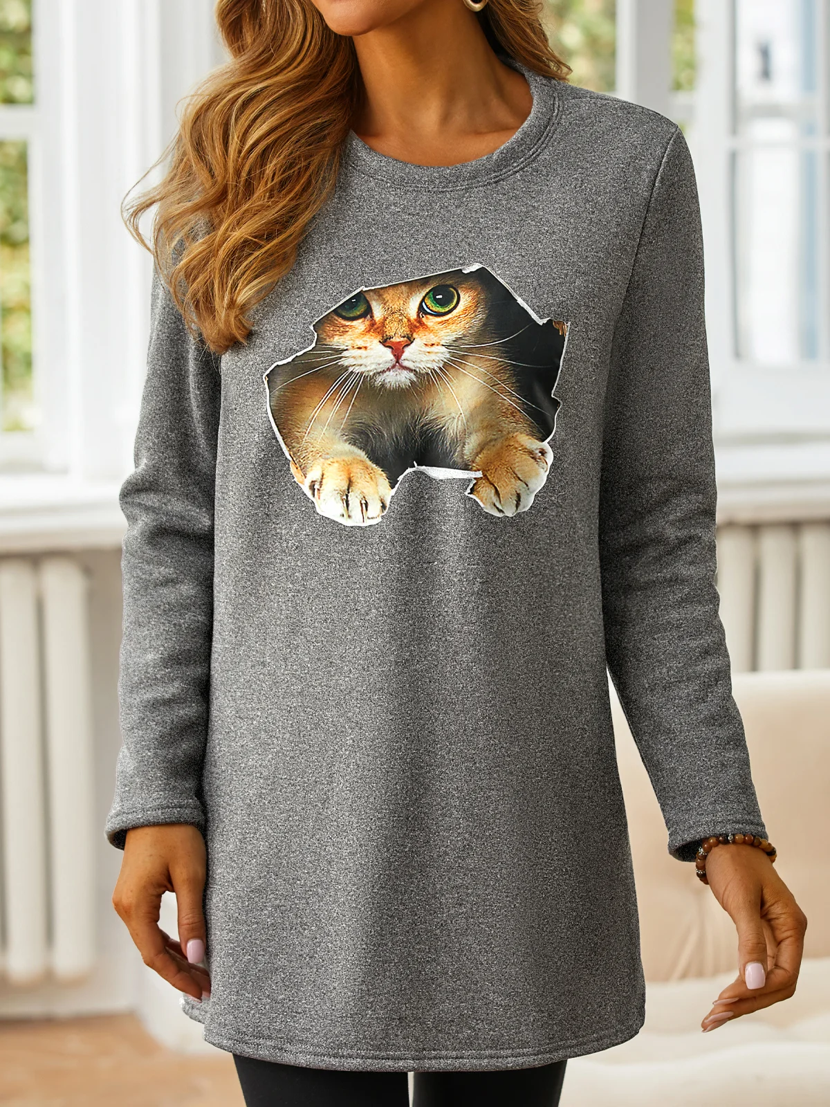 Women Crew Neck Cat Casual Warmth Long Sleeve Sweatshirt