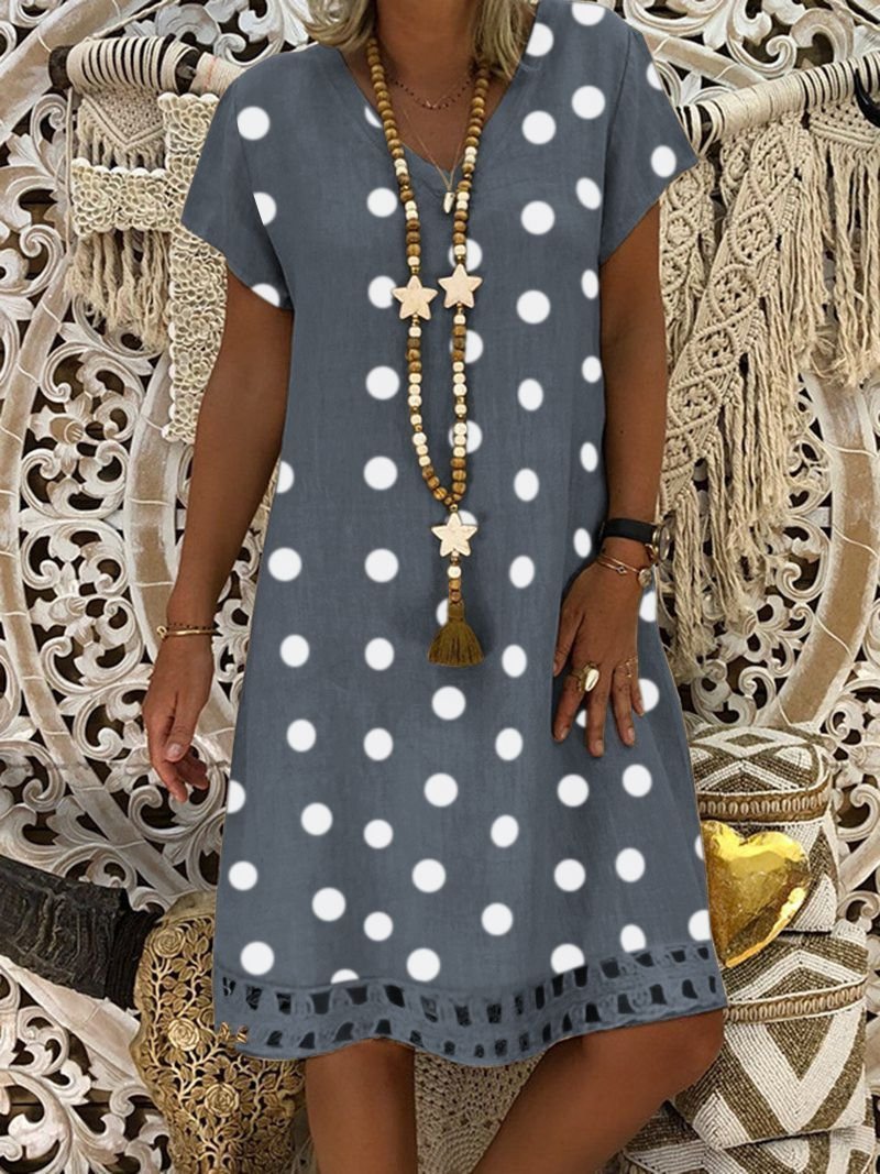 Women's Midi Dress Polka Dot Dress V-Neck Short Sleeve