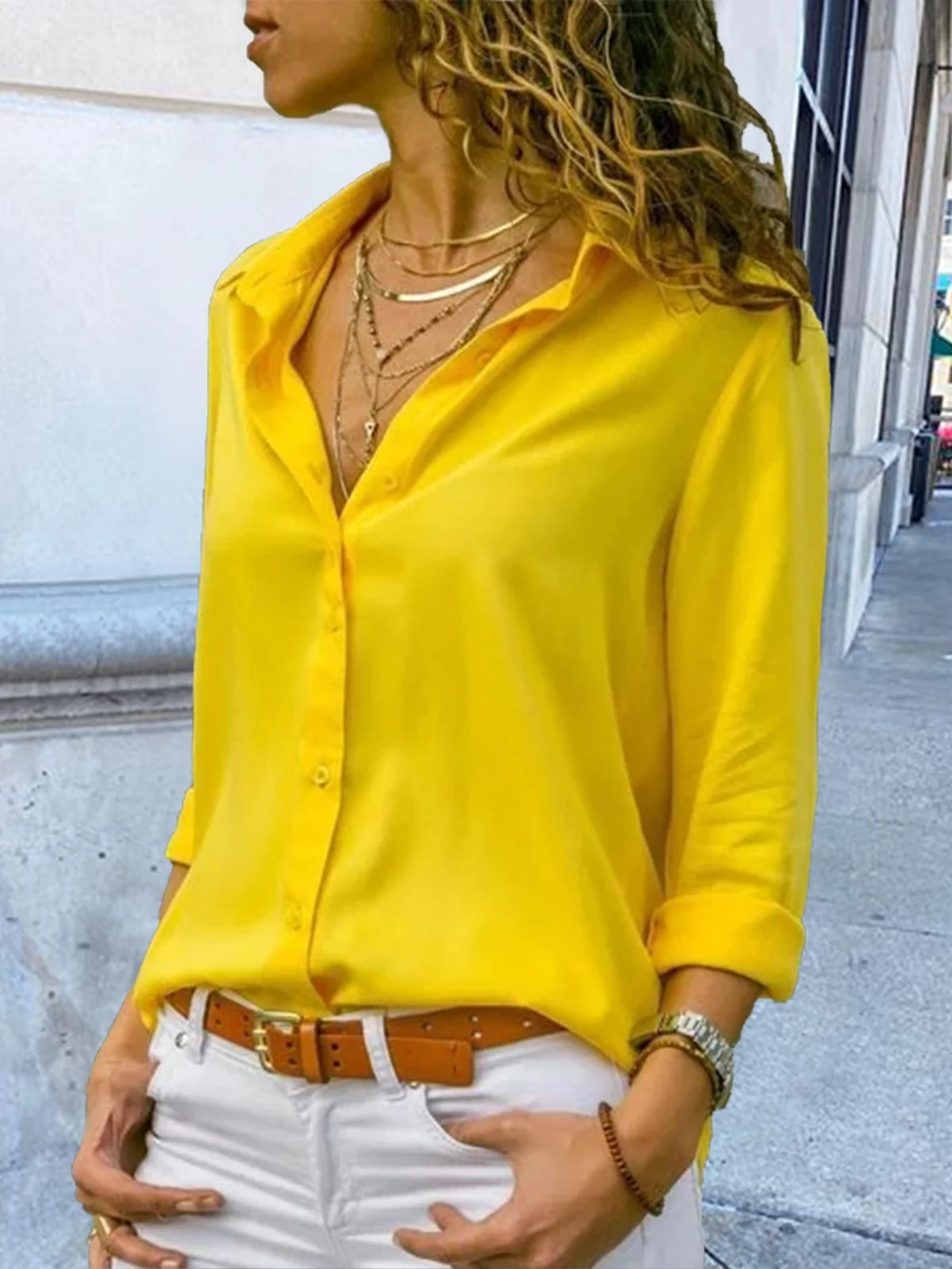 Solid Long Sleeve Casual Stand Collar Chiffon Blouse