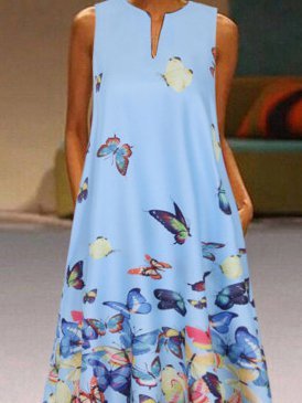 Butterfly Print V-Neck Sleeveless Dress With Pockets