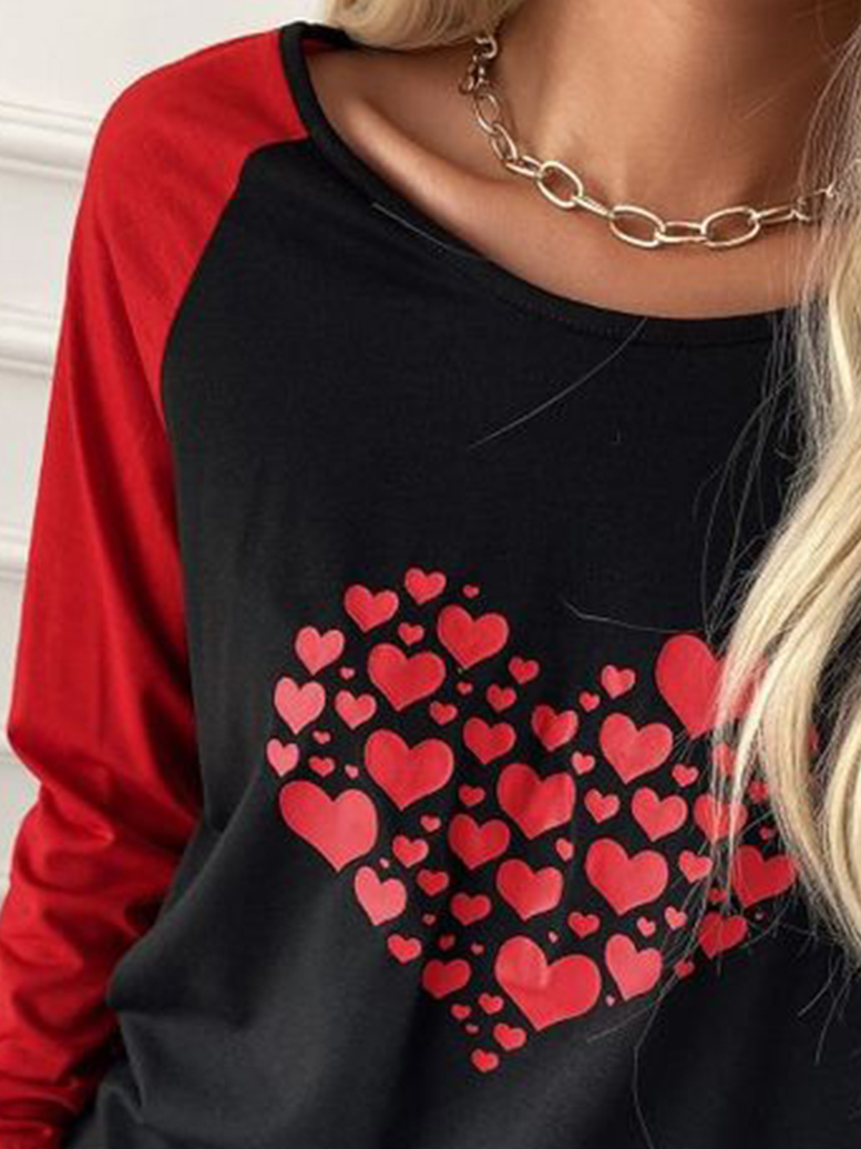 Women's Heart Print Color Block T-shirt Tee Long Sleeve Spring Top Valentine's Day Gifts
