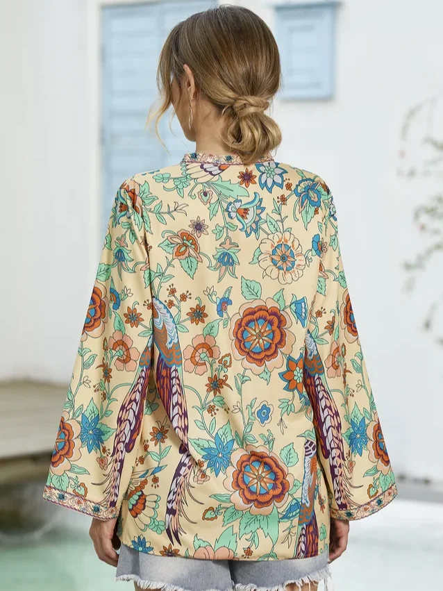 Cotton-Blend Floral-Print V Neck Sweet Shirt