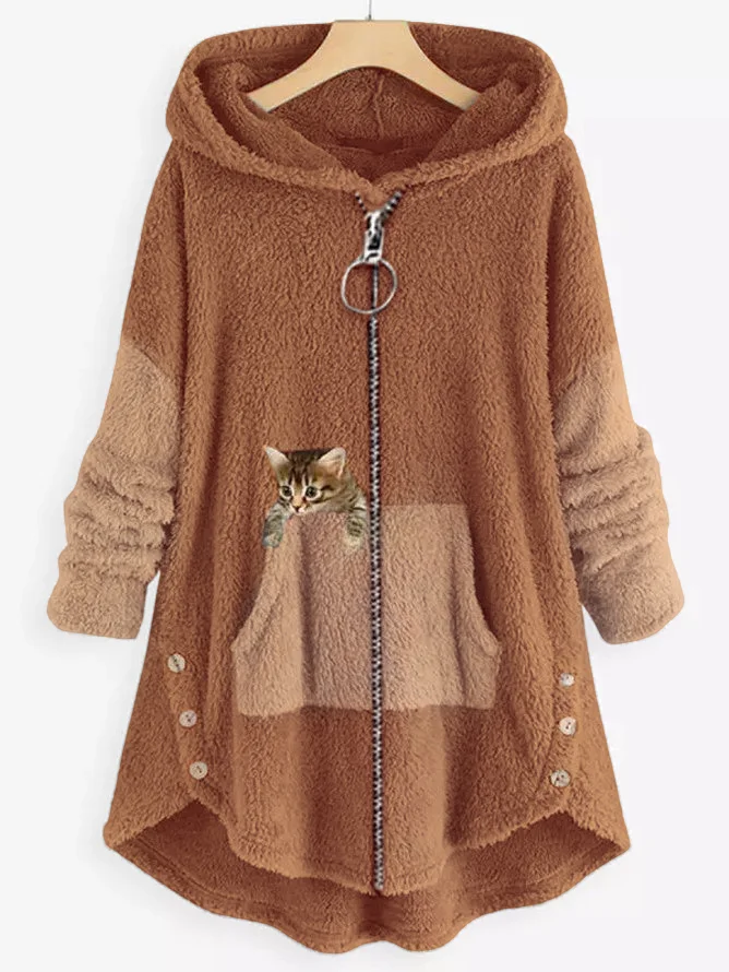 Color Block Regular Fit Casual Winter Cat Coat