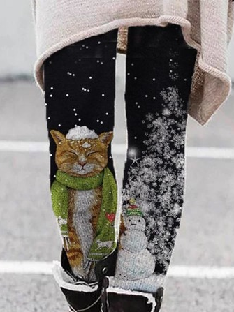 Cat And Christmas Snowman Tight Casual Leggings