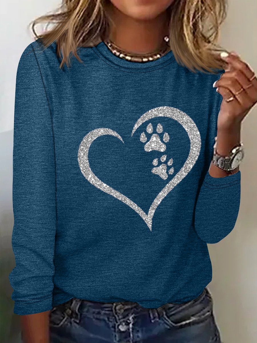 Women's Print Dog Lover Paw Heart Regular Fit Simple Long Sleeve Top