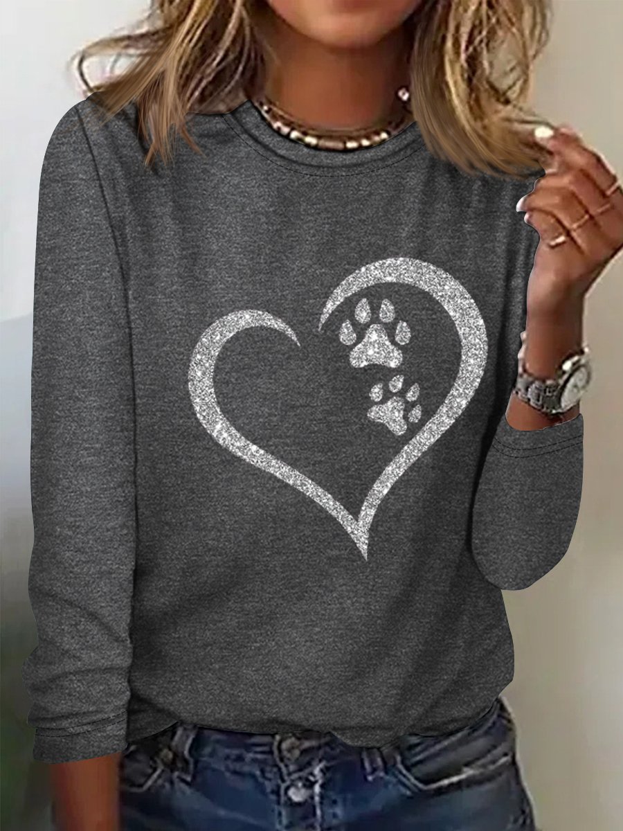 Women's Print Dog Lover Paw Heart Regular Fit Simple Long Sleeve Top
