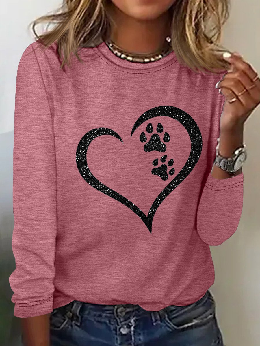 Women's Print Dog Lover Paw Heart Regular Fit Simple Long Sleeve Top