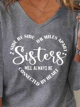 Women's Tee T-Shirt Valentine's Day Gifts For Sister V Neck Sister Text Letters Top Spring Gray Black Pink Blue White