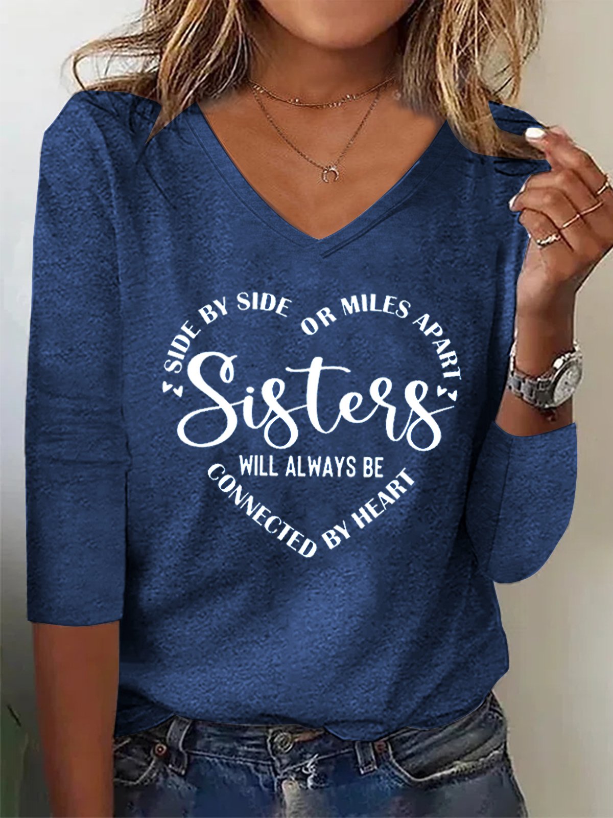 Women's Tee T-Shirt Valentine's Day Gifts For Sister V Neck Sister Text Letters Top Spring Gray Black Pink Blue White