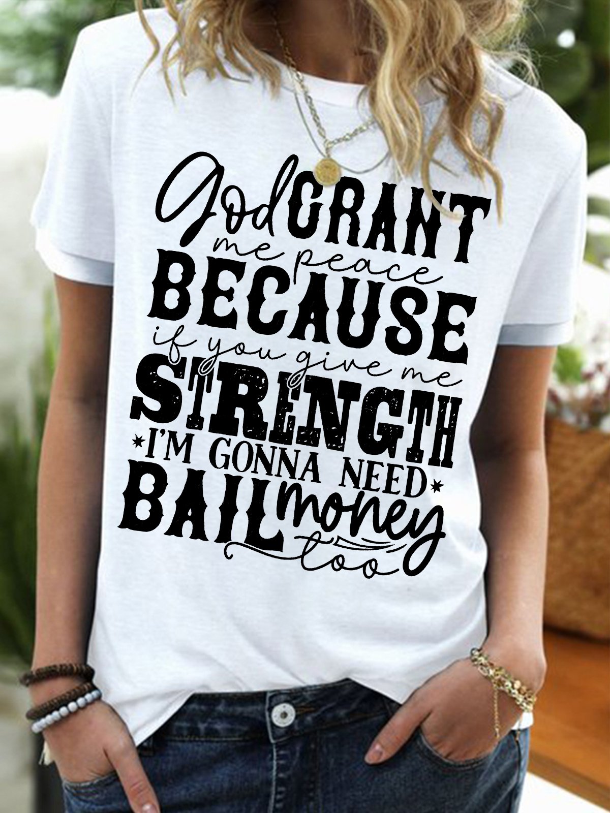 Women's God Crant Me Peace Because If You Give Me Strength I'M Gonna Need Ball Money Too Funny Easter Day Graphic Printing Casual Cotton-Blend Crew Neck Text Letters T-Shirt