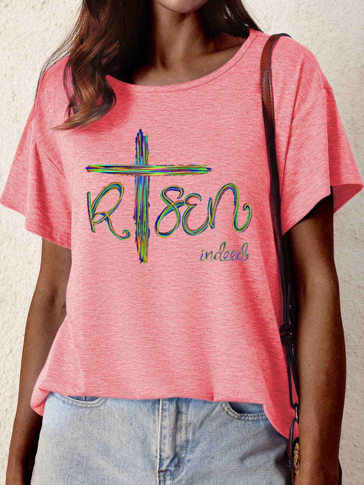 Women's Risen Indeed Funny Easter Cross Graphic Printing Crew Neck Text Letters Cotton-Blend Casual T-Shirt
