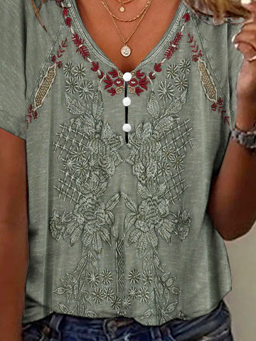 Ethnic Buttoned T-Shirt for Women Casual V Neck Western Style Tops