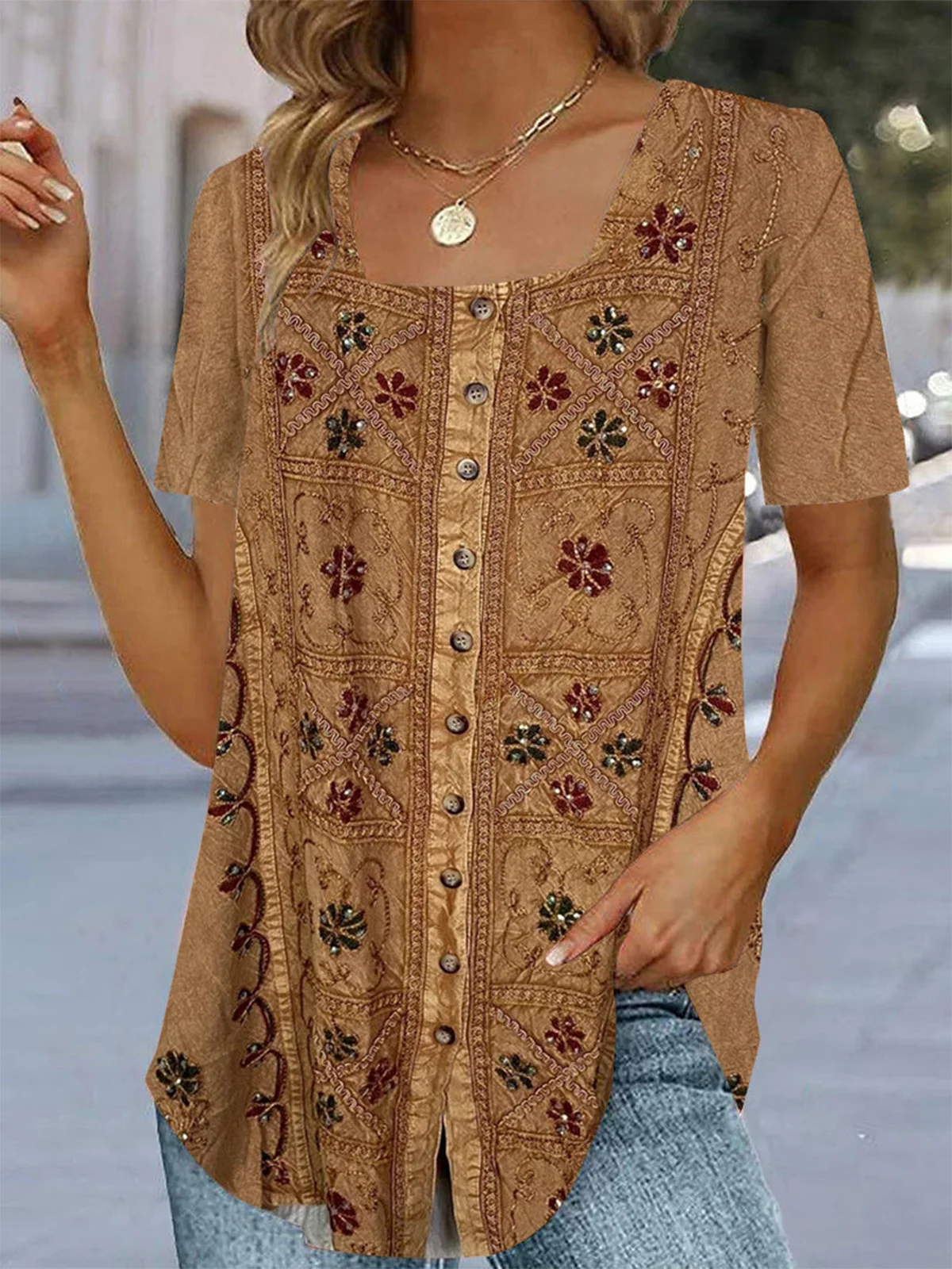 Women's Ethnic T-shirt Square Neck Casual Summer Shirt Brown