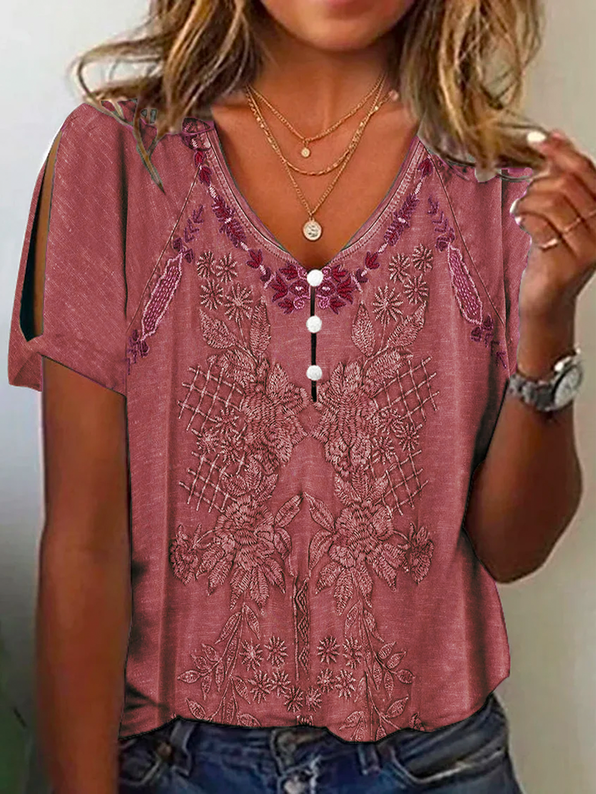 Ethnic Buttoned T-Shirt for Women Casual V Neck Western Style Tops