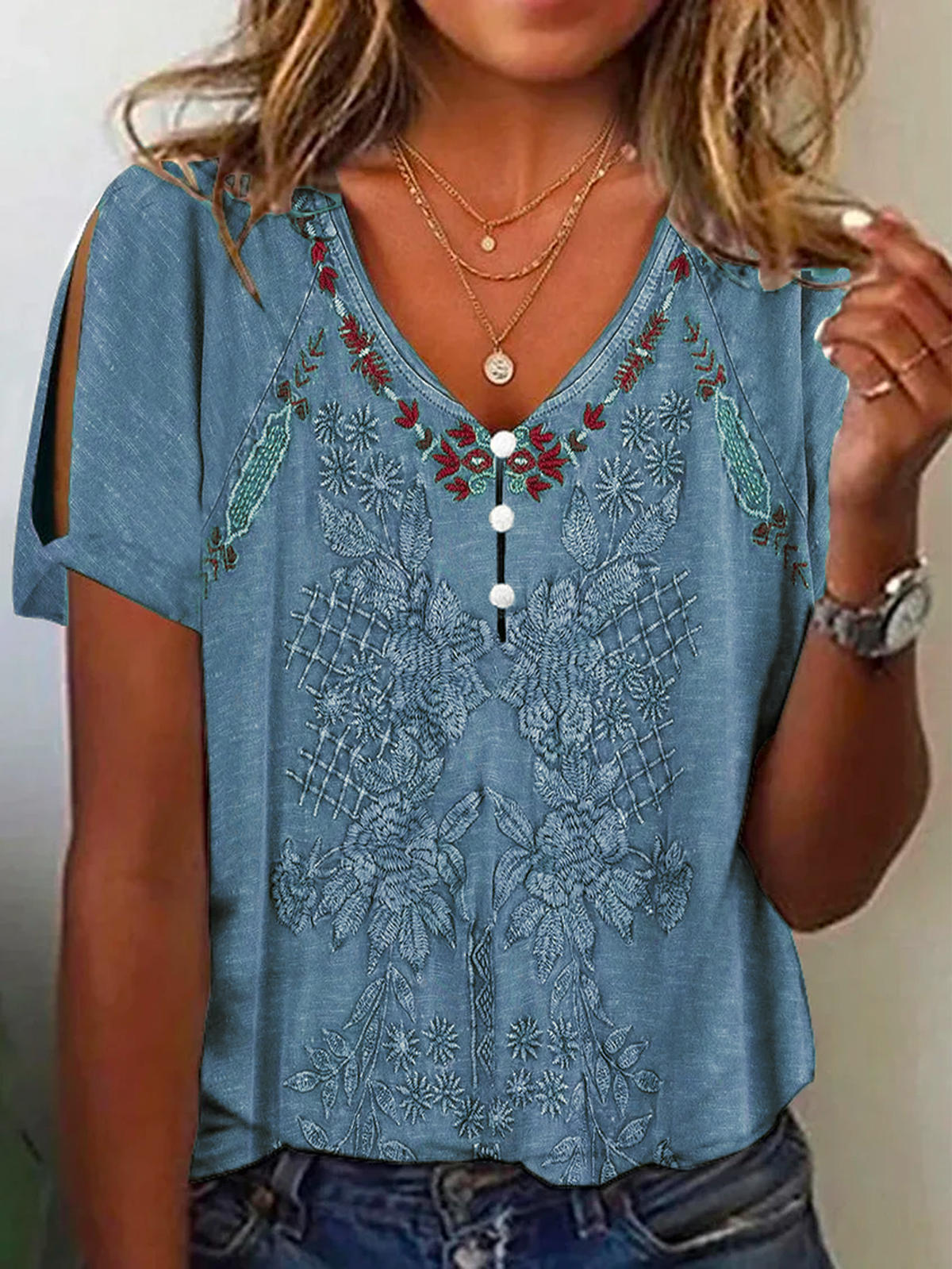 Ethnic Buttoned T-Shirt for Women Casual V Neck Western Style Tops