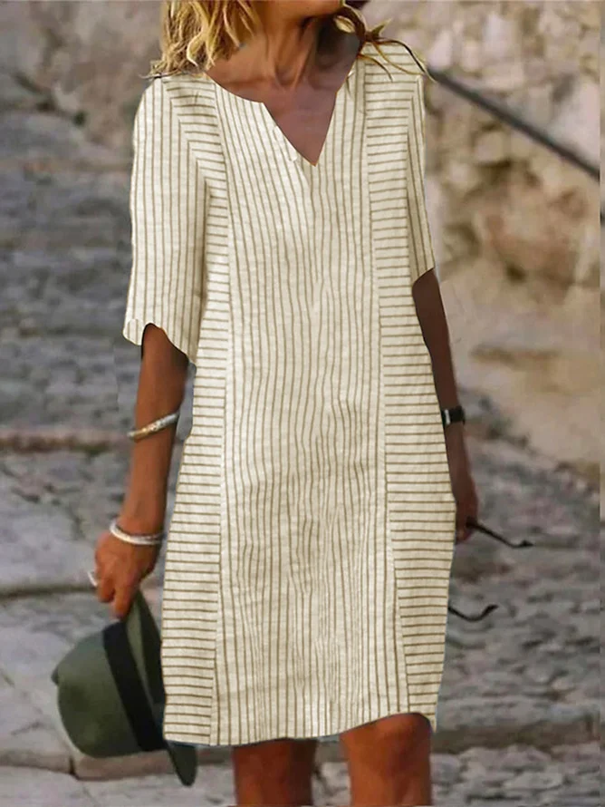 Casual V Neck Loose Striped Dress With No
