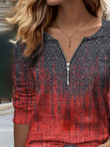 Casual V Neck Gradient Pattern Loose Shirt