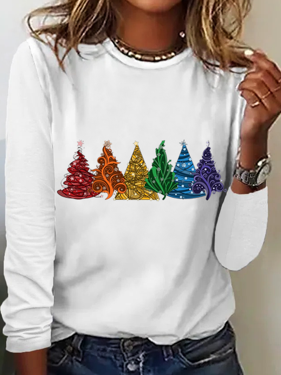 Women's Christmas Tree Cotton-Blend Crew Neck Casual Long Sleeve Shirt