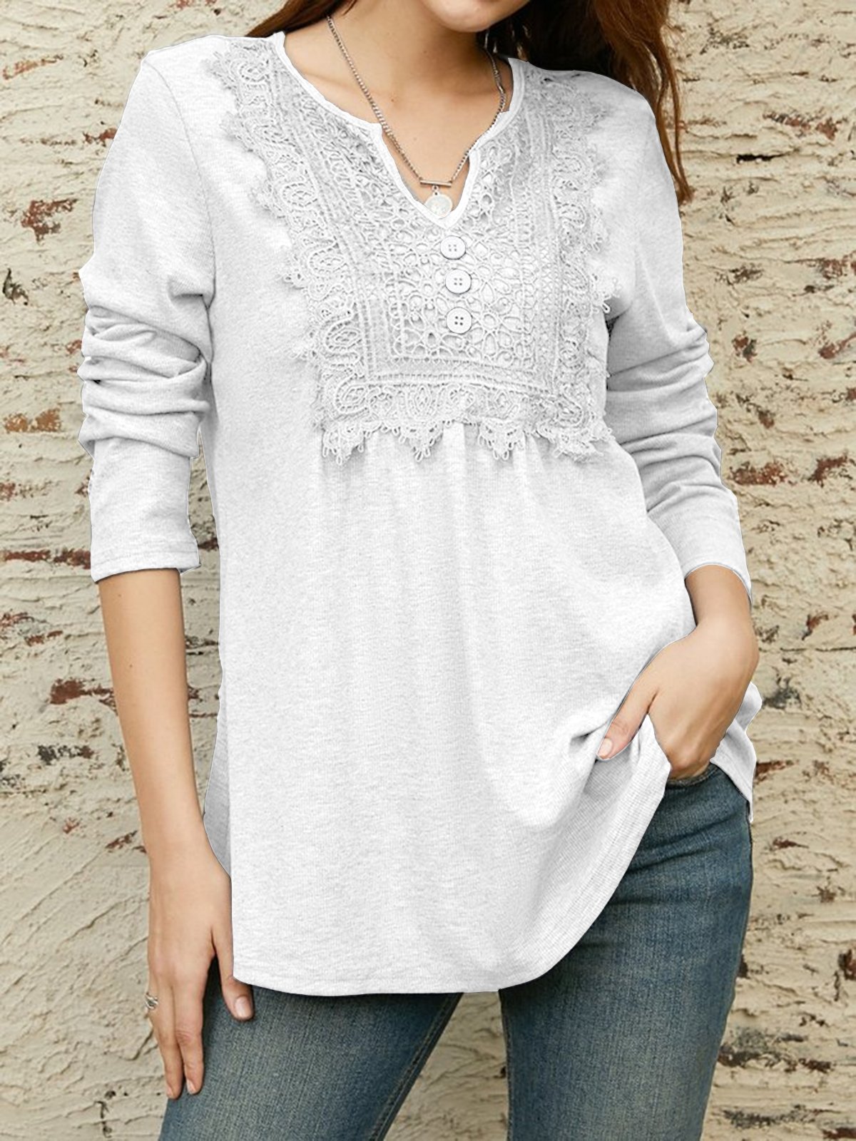 Lace Notched Casual Loose Ruched Shirt