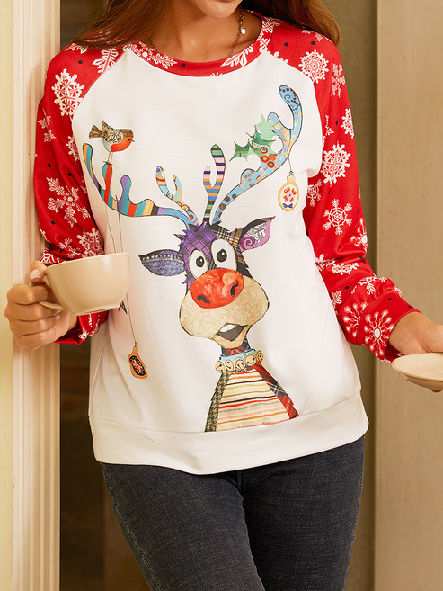 Casual Christmas Deer Print Crew Neck Long Sleeve Sweatshirt
