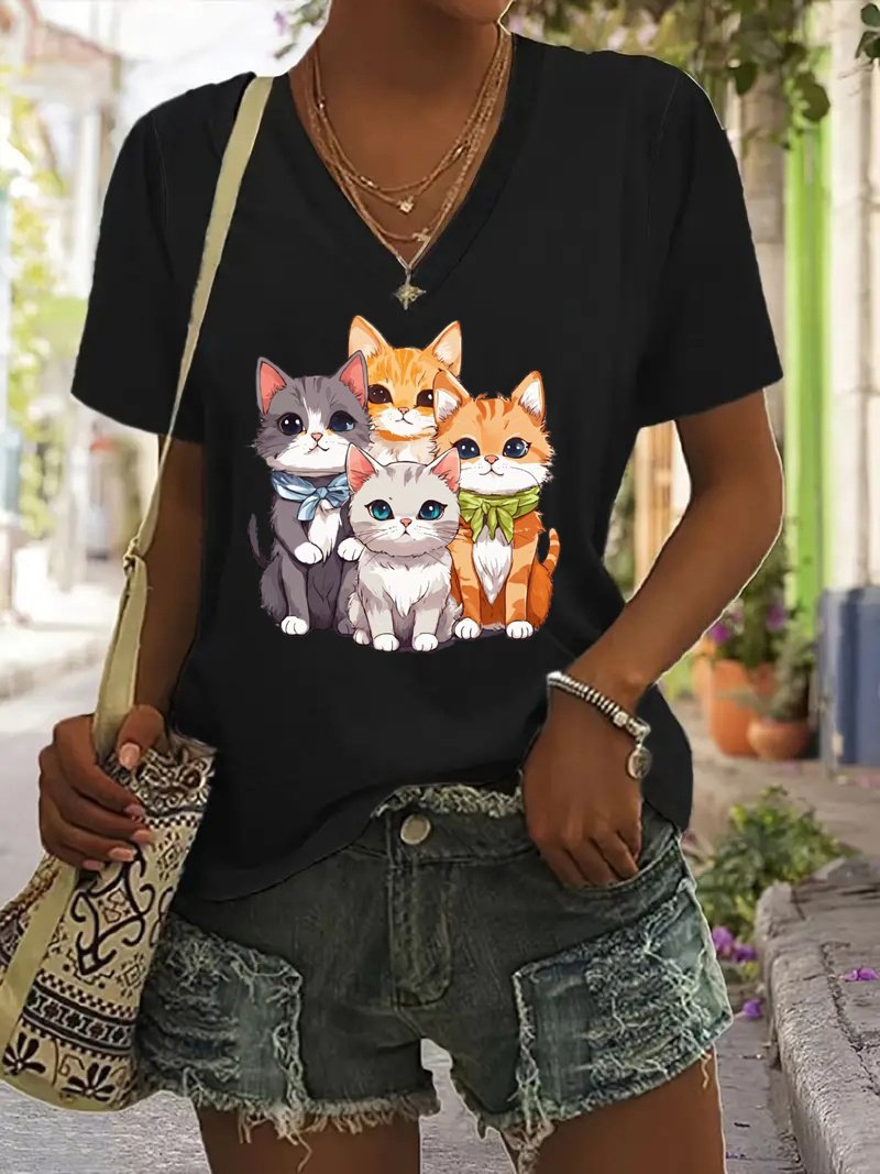 Cotton V Neck Casual Cat T-Shirt