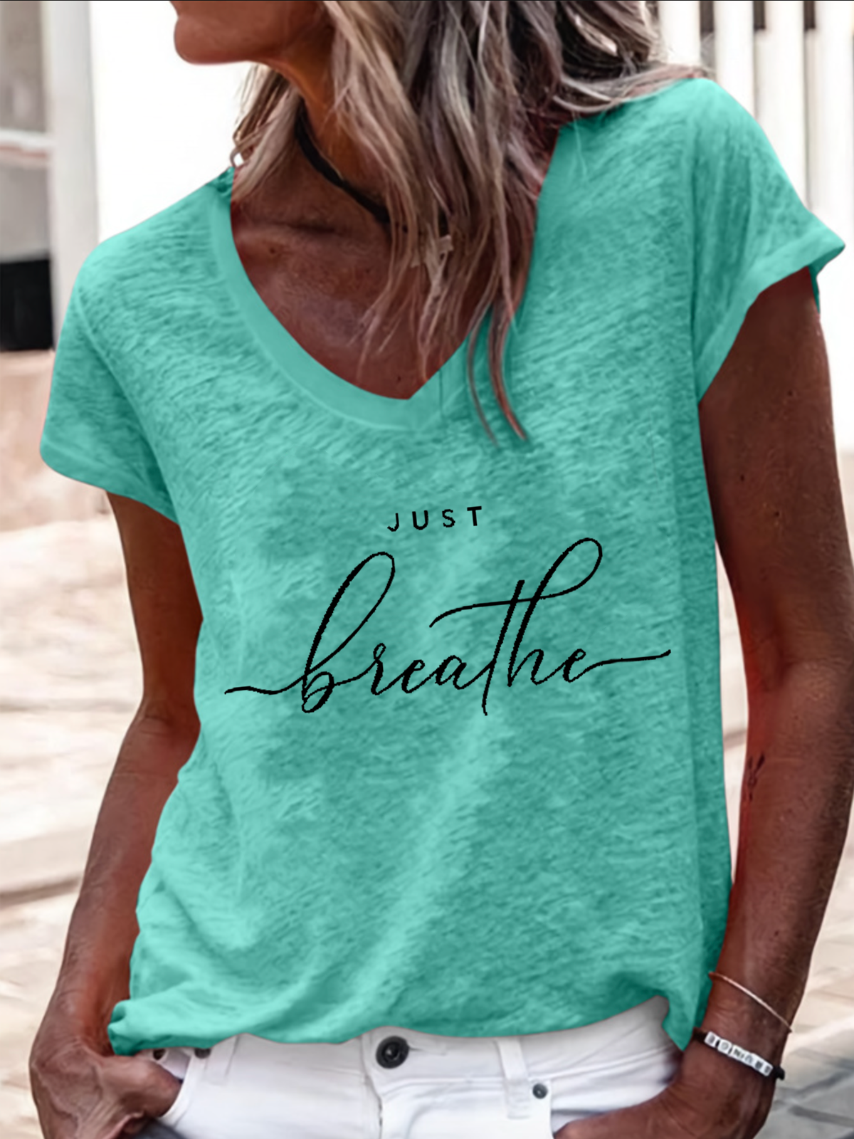 Women's Just Breathe Cotton-Blend Text Letters Casual T-Shirt