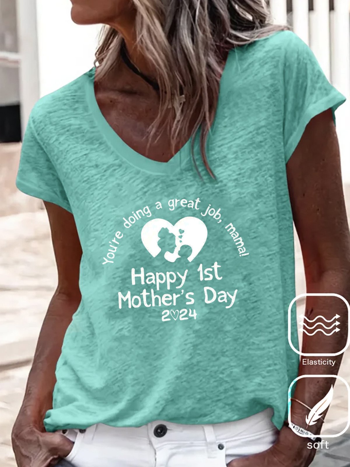 Casual Text Letters Cotton V Neck T-Shirt