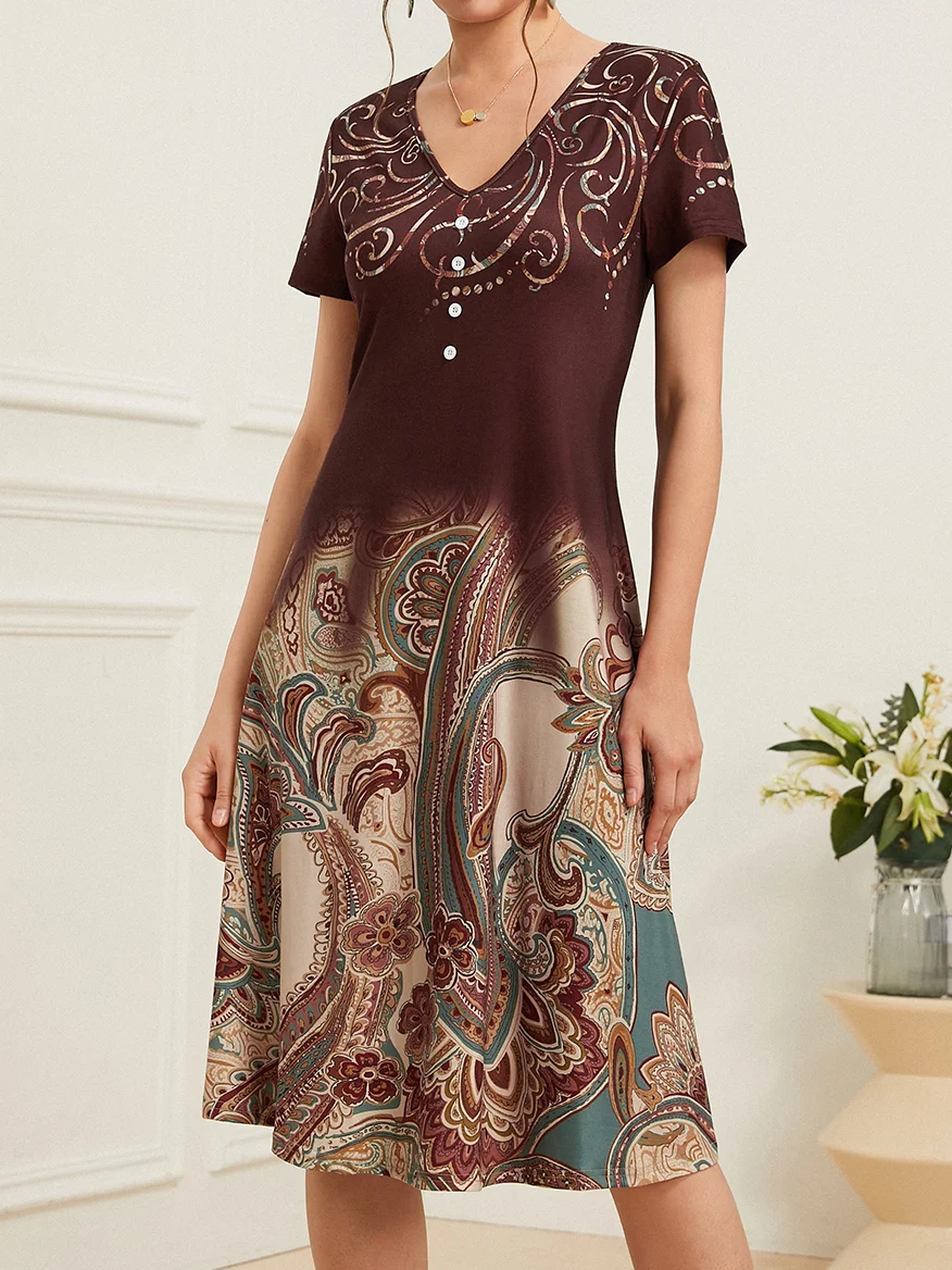 V Neck Paisley Elegant Midi Dress