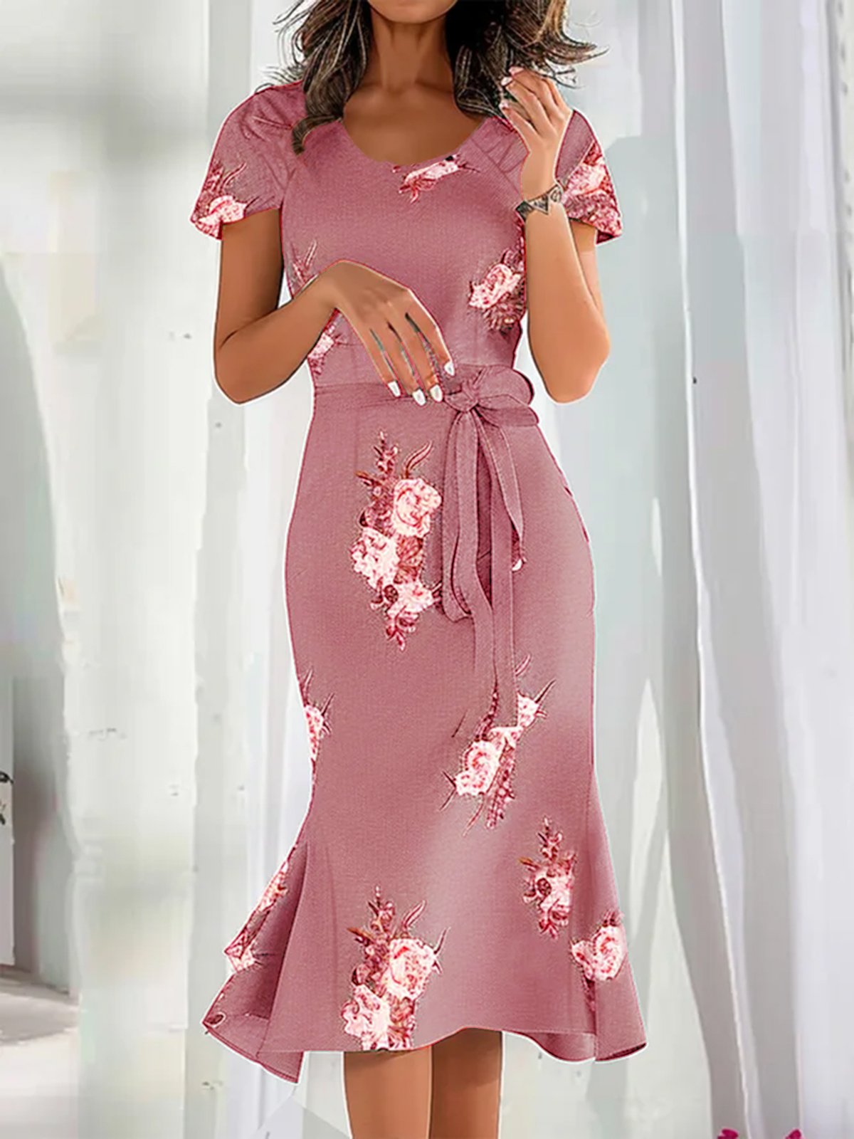 Crew Neck Elegant Cotton-Blend Floral Dress