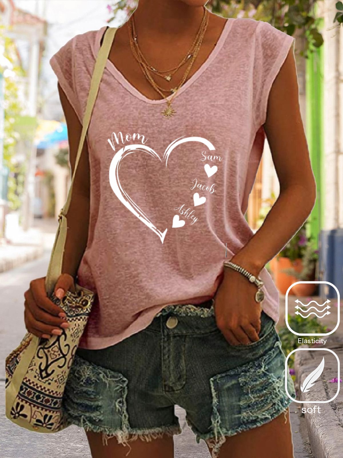 Casual V Neck Cotton-Blend Text Letters T-Shirt