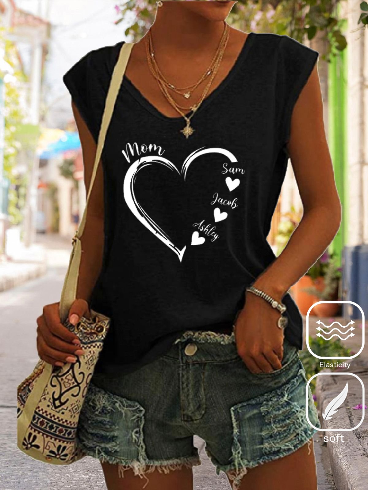 Casual V Neck Cotton-Blend Text Letters T-Shirt