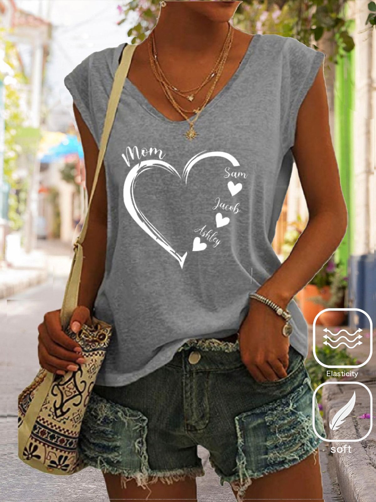 Casual V Neck Cotton-Blend Text Letters T-Shirt