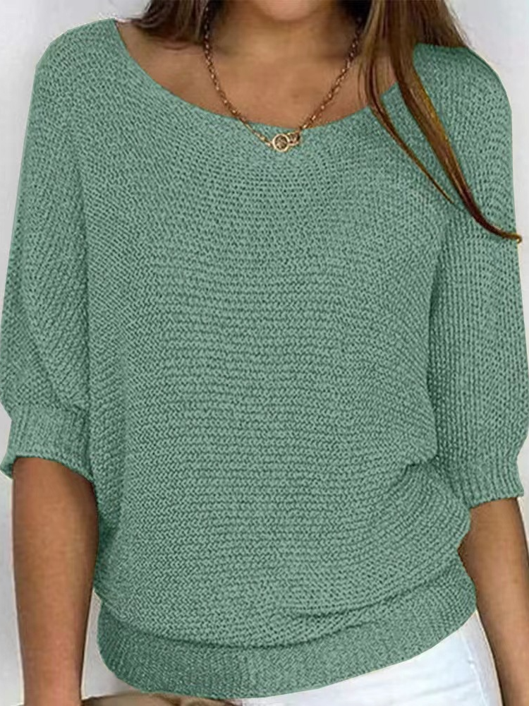 Women Plain Crew Neck Yarn/Wool Yarn Three Quarter Sleeve Casual Daily Spring/Fall Sweater