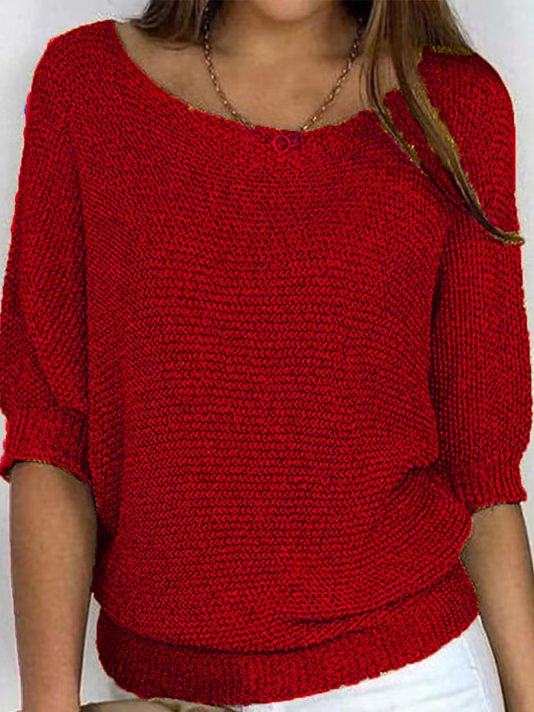 Women Plain Crew Neck Yarn/Wool Yarn Three Quarter Sleeve Casual Daily Spring/Fall Sweater