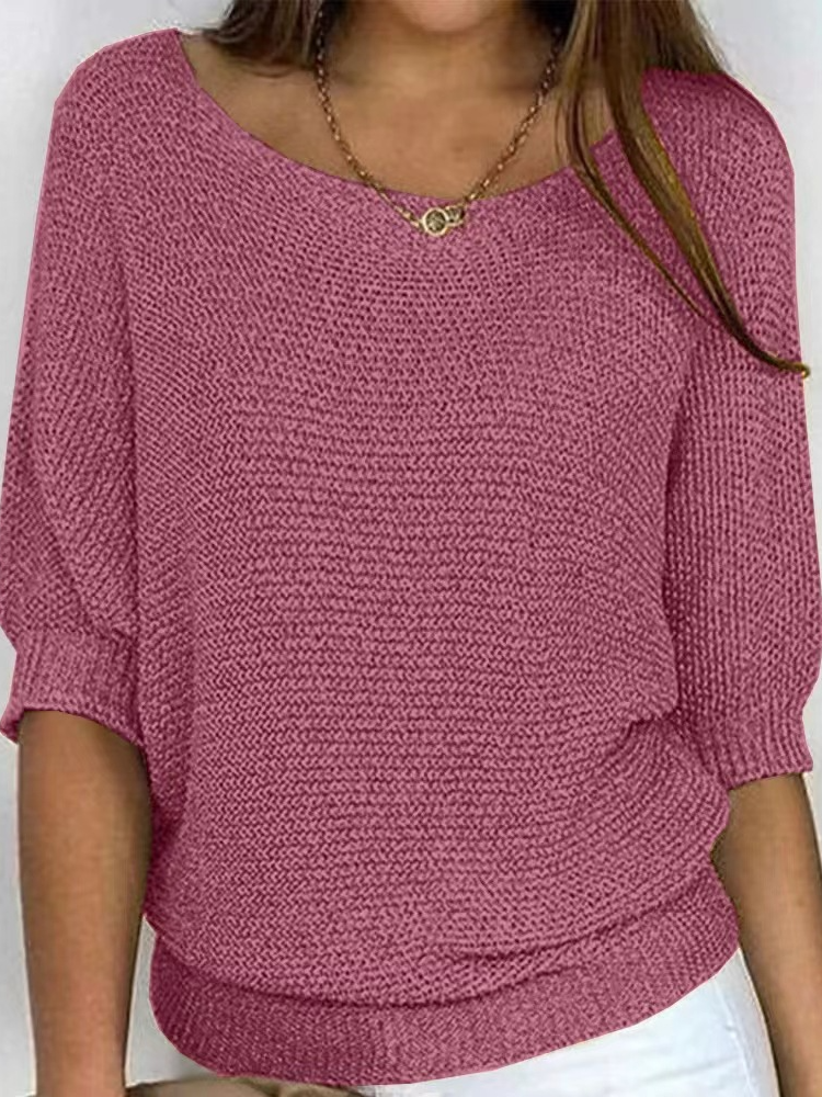 Women Plain Crew Neck Yarn/Wool Yarn Three Quarter Sleeve Casual Daily Spring/Fall Sweater