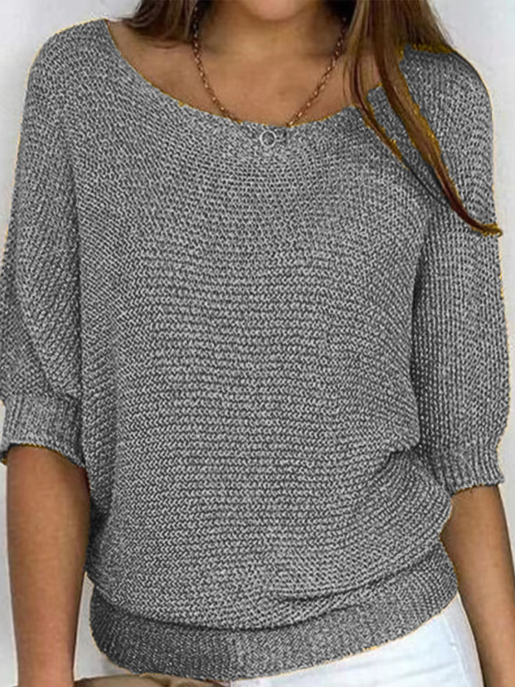 Women Plain Crew Neck Yarn/Wool Yarn Three Quarter Sleeve Casual Daily Spring/Fall Sweater