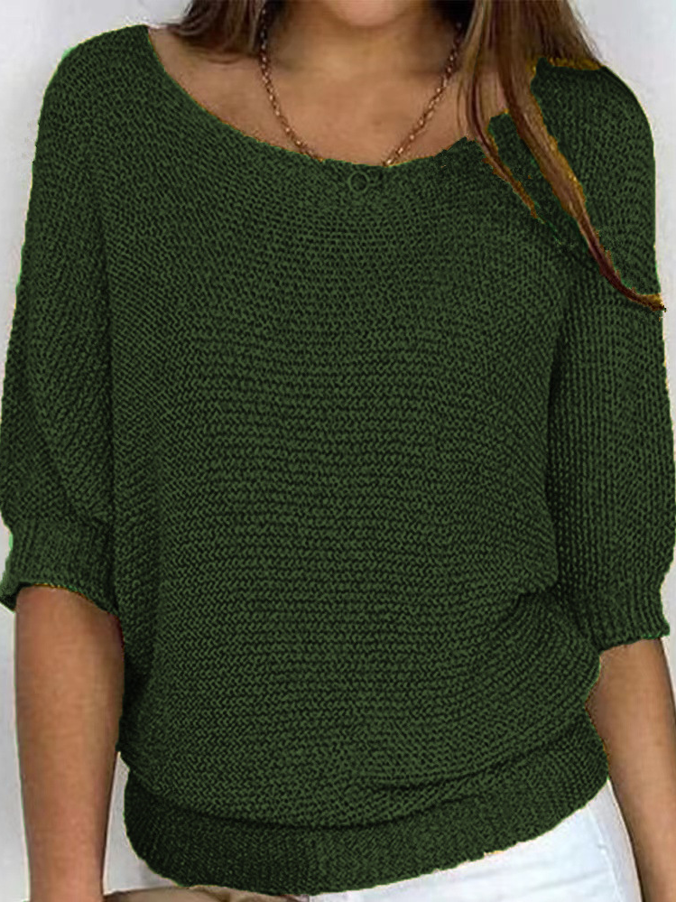 Women Plain Crew Neck Yarn/Wool Yarn Three Quarter Sleeve Casual Daily Spring/Fall Sweater