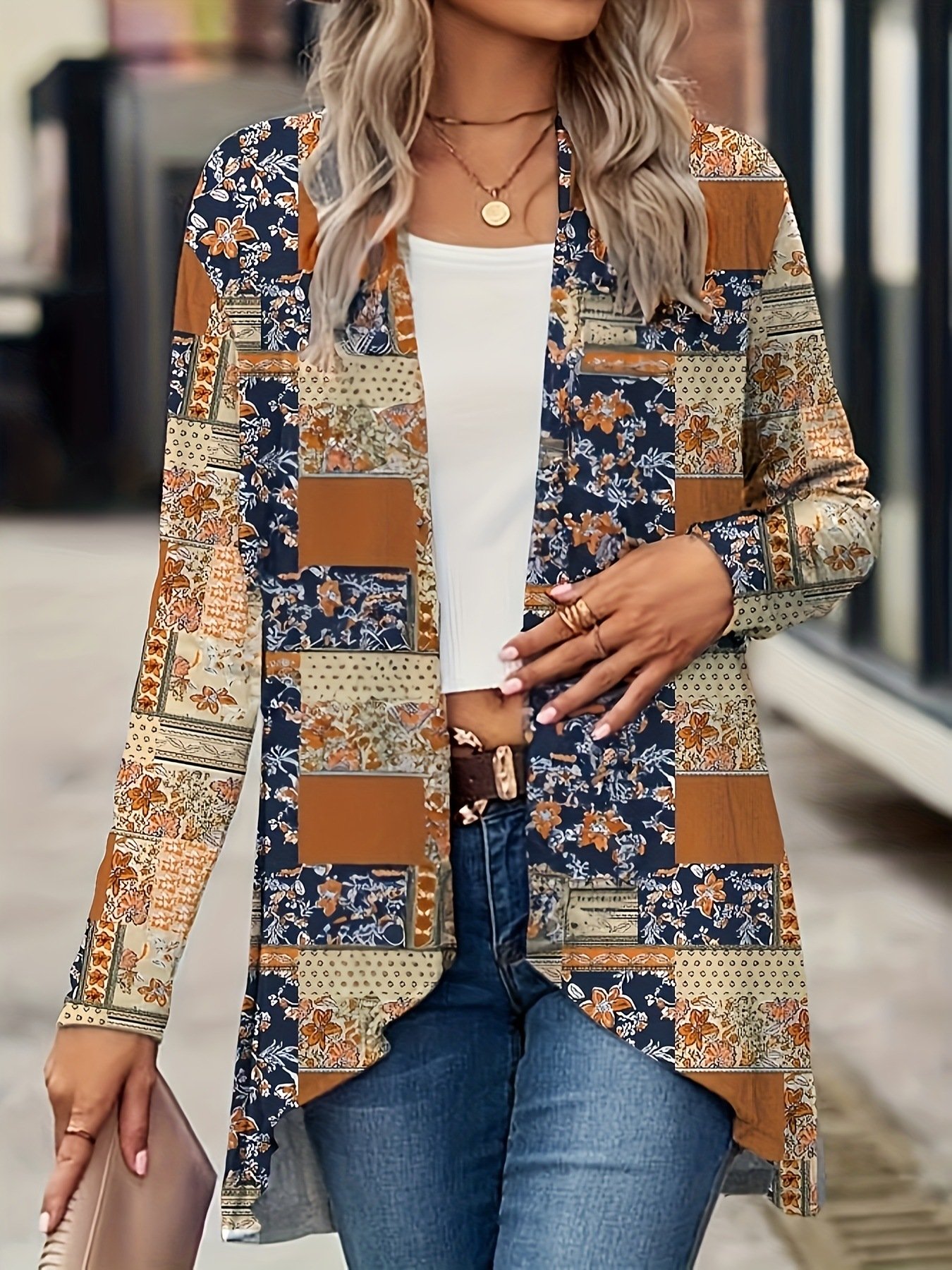 Women Vintage Ethnic Tribal Print Casual Loose Floral Jacket