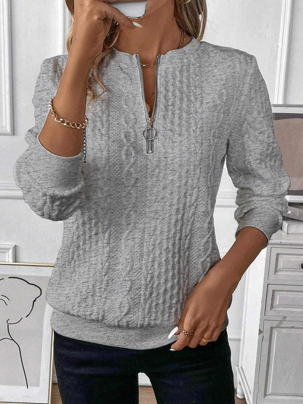 Women Plain Crew Neck Jacquard Long Sleeve Casual Daily Spring/Fall Sweatshirt