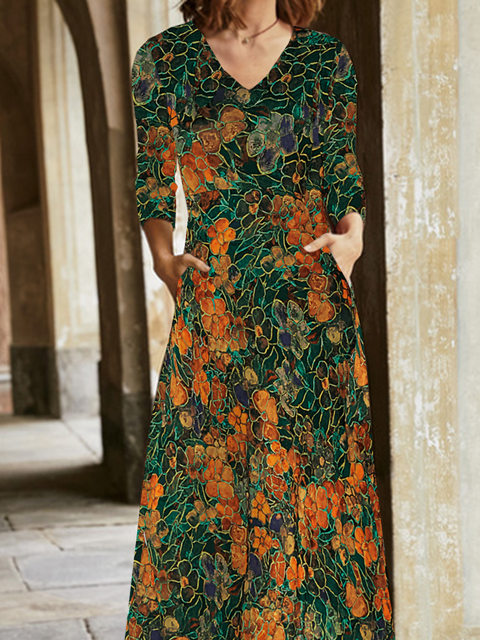 Women Abstract Jersey V Neck T-Shirt Dress Casual Spring/Fall Daily Maxi A-Line Dress