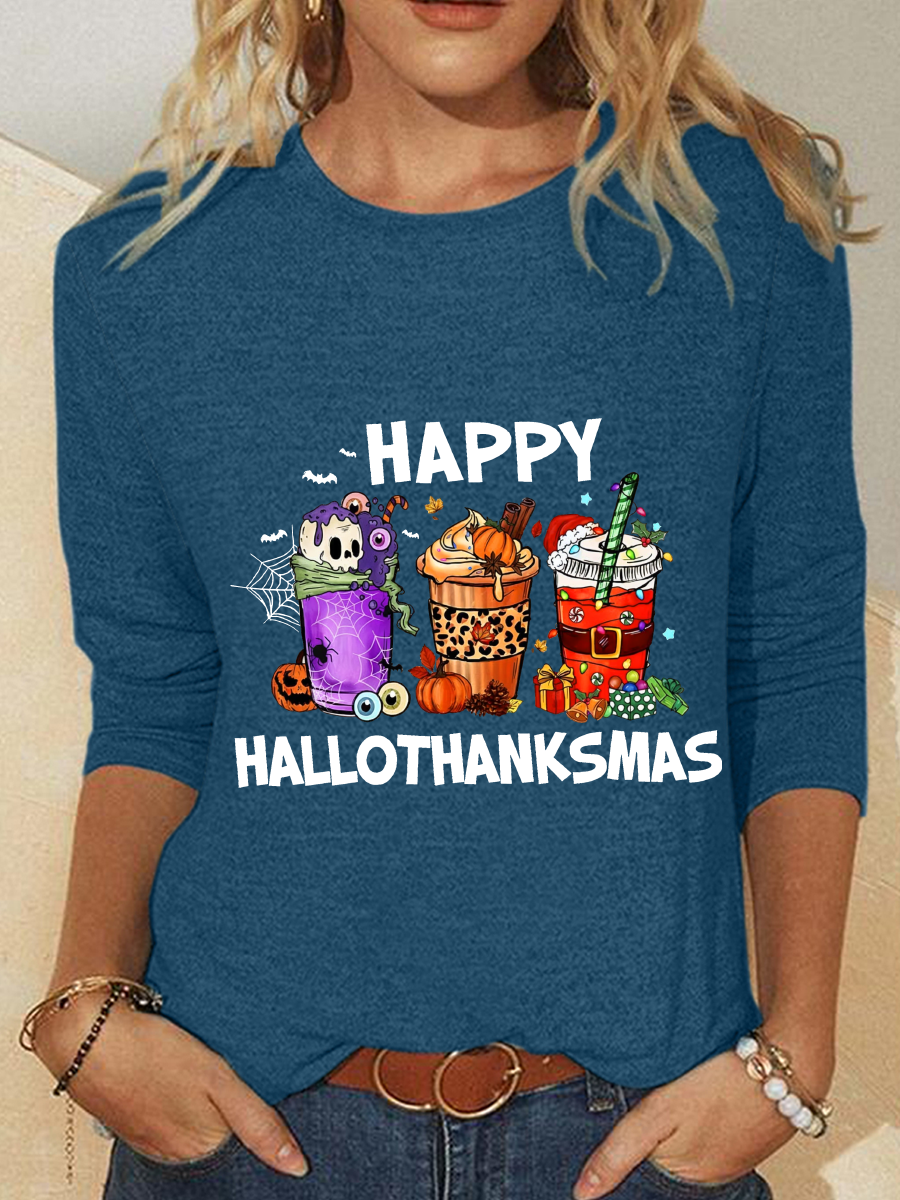 Women Christmas Crew Neck Cotton-Blend Long Sleeve Casual Daily Spring/Fall T-shirt