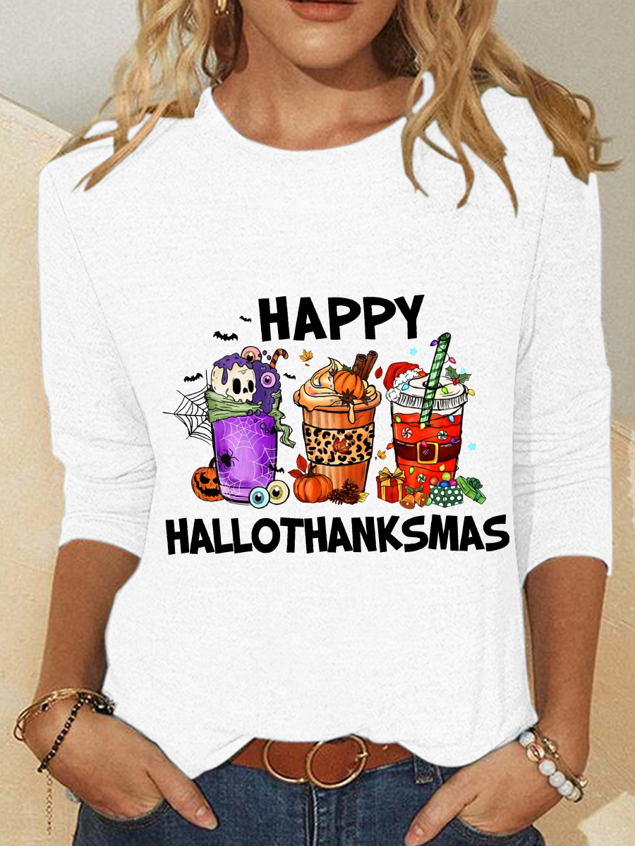 Women Christmas Crew Neck Cotton-Blend Long Sleeve Casual Daily Spring/Fall T-shirt