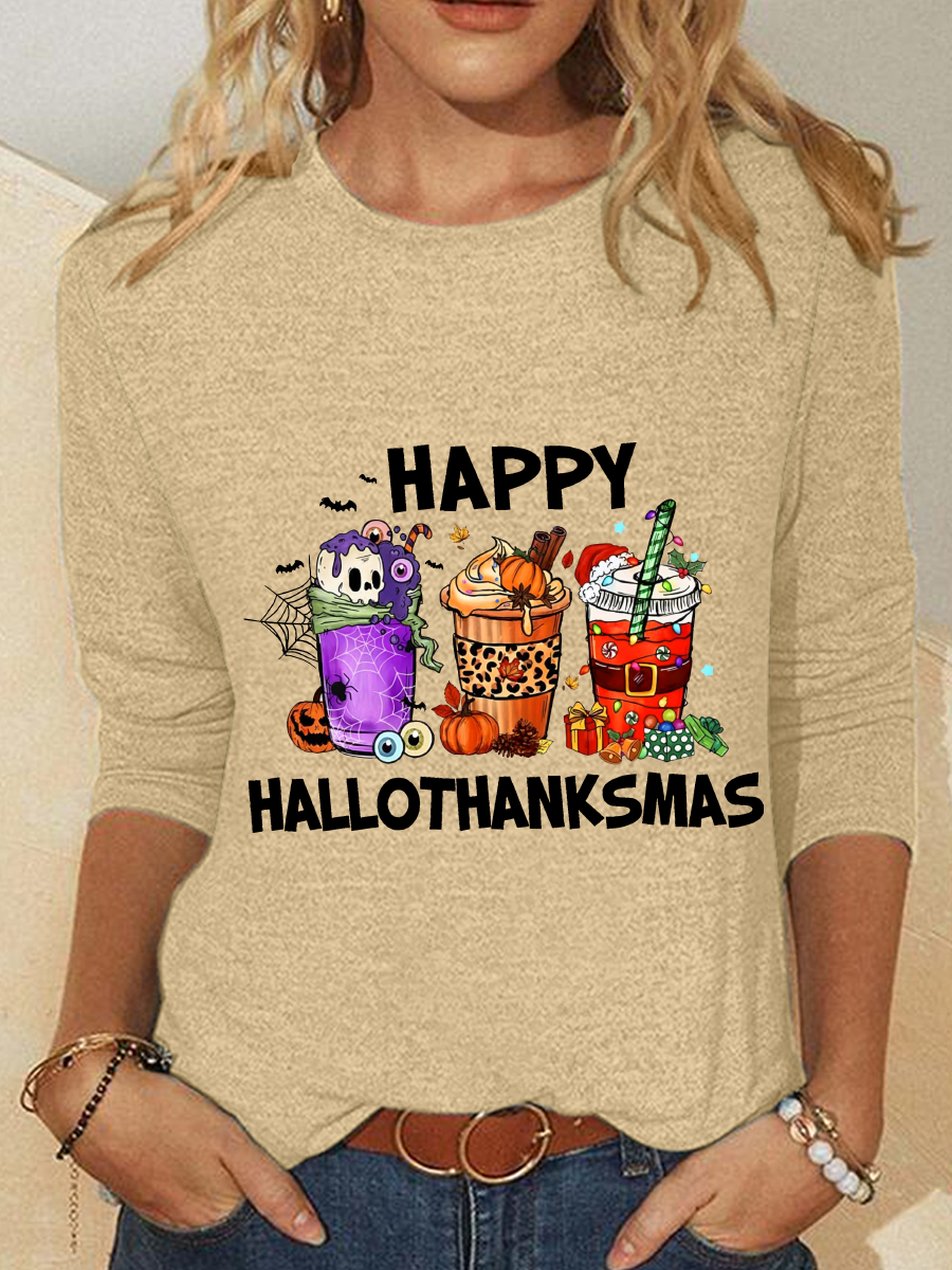 Women Christmas Crew Neck Cotton-Blend Long Sleeve Casual Daily Spring/Fall T-shirt