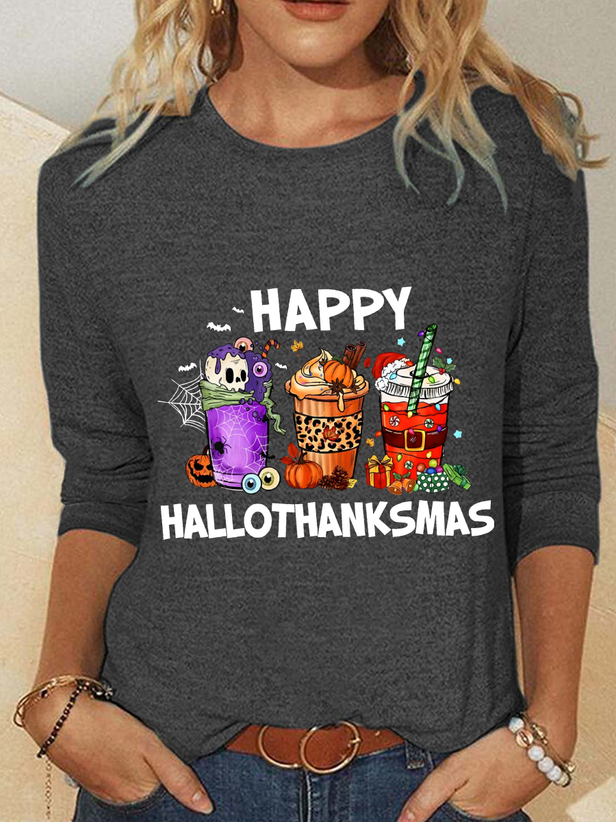 Women Christmas Crew Neck Cotton-Blend Long Sleeve Casual Daily Spring/Fall T-shirt