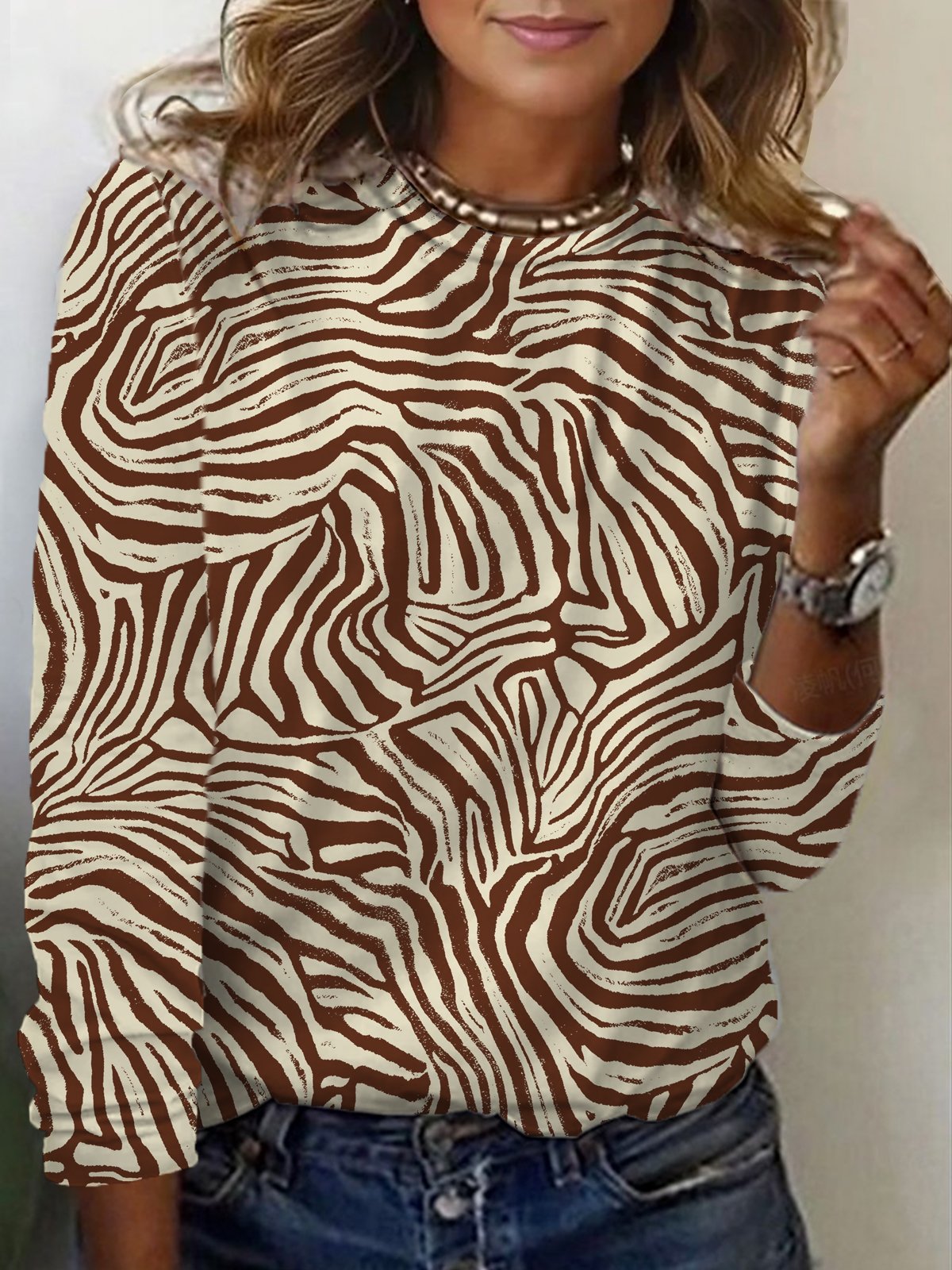 Zebra Print Crew Neck Long Sleeve T-shirt
