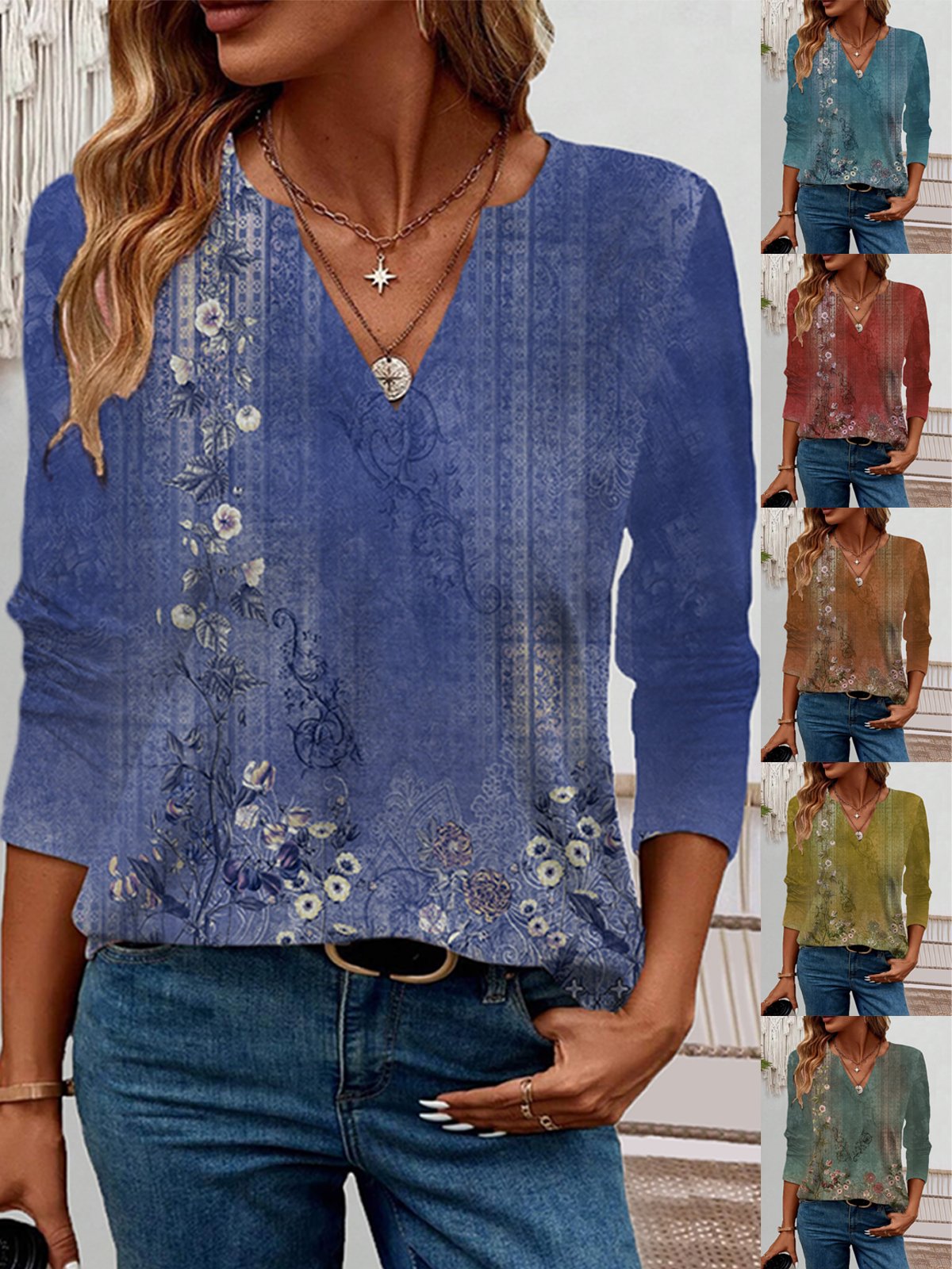 Ethnic Print Long Sleeve V-Neck T-shirt