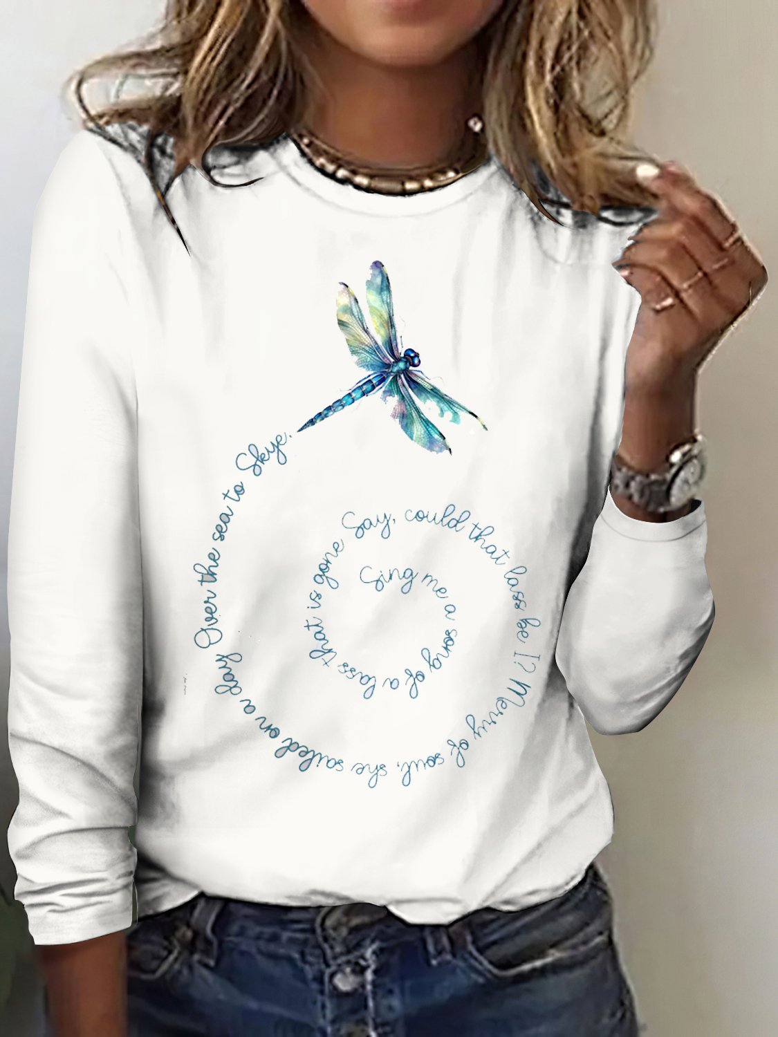 Dragonfly printed casual long sleeved T-shirt