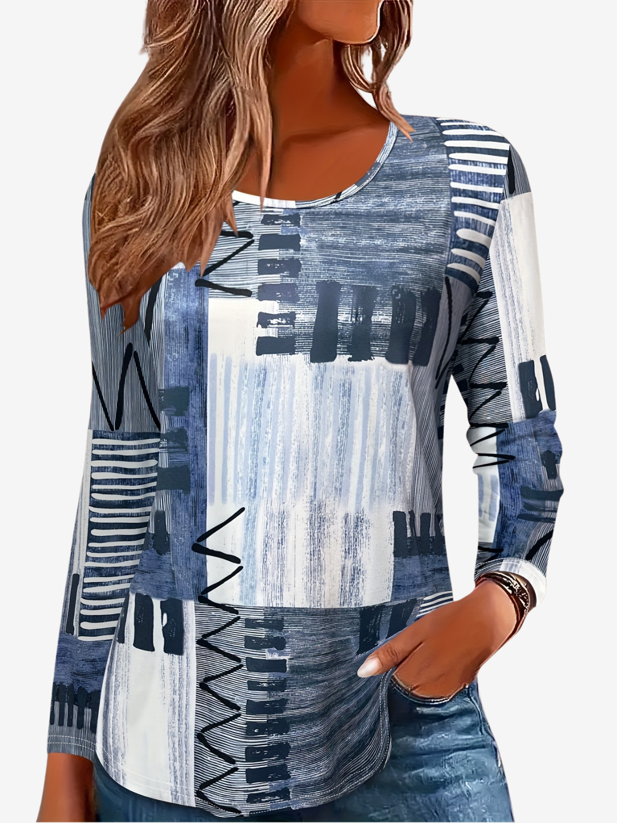 Geometric Print Long Sleeve Crew Neck T-shirt